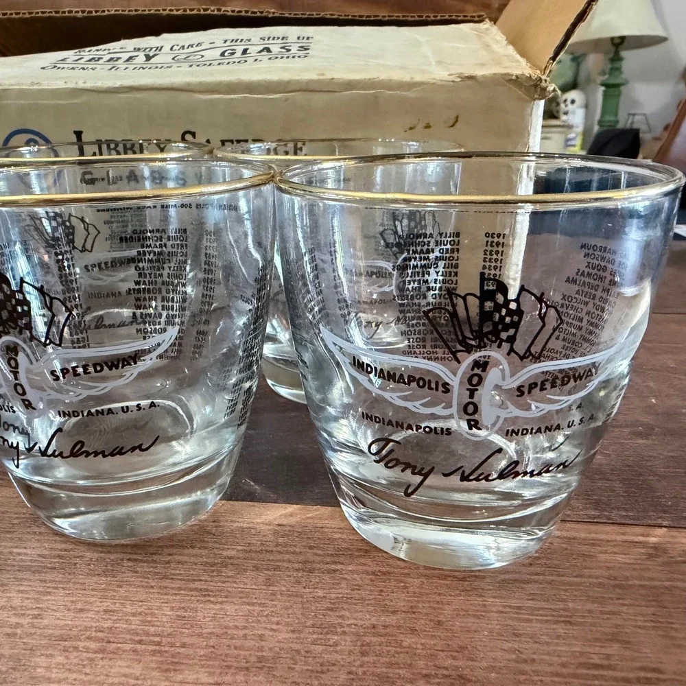 Vintage Indy 500 Winners Rocks Glass Set of 6 Tony Hulman Signed Gold Rim in Box